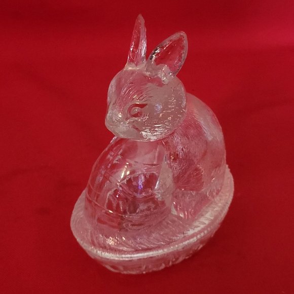 VTG Clear Glass Bunny Rabbit Nut on Nest Covered Trinket Oval Candy Dish Peach T - Picture 8 of 11